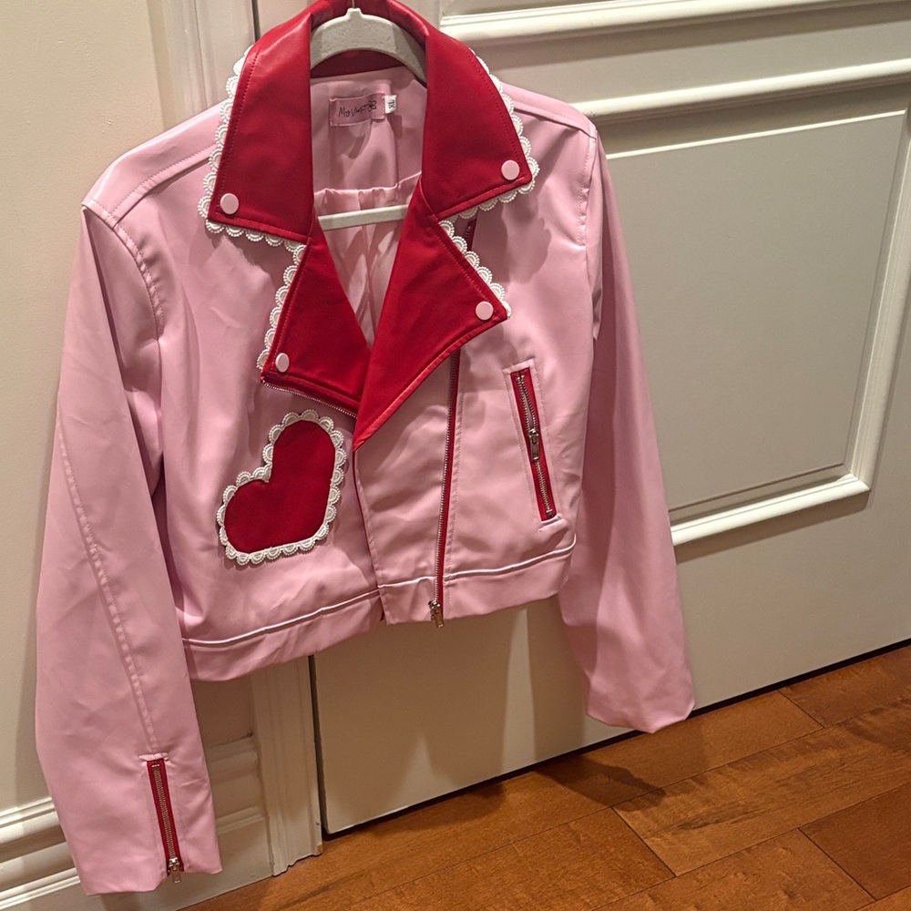 Pink and Red Leather Jacket with Heart Design